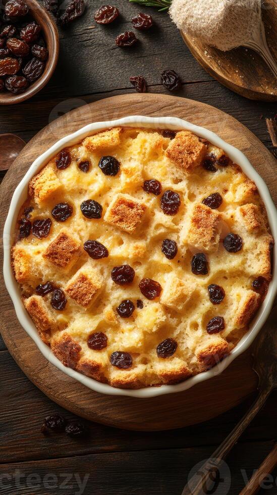 Delicious bread pudding with raisins baked to golden perfection on wooden table photo