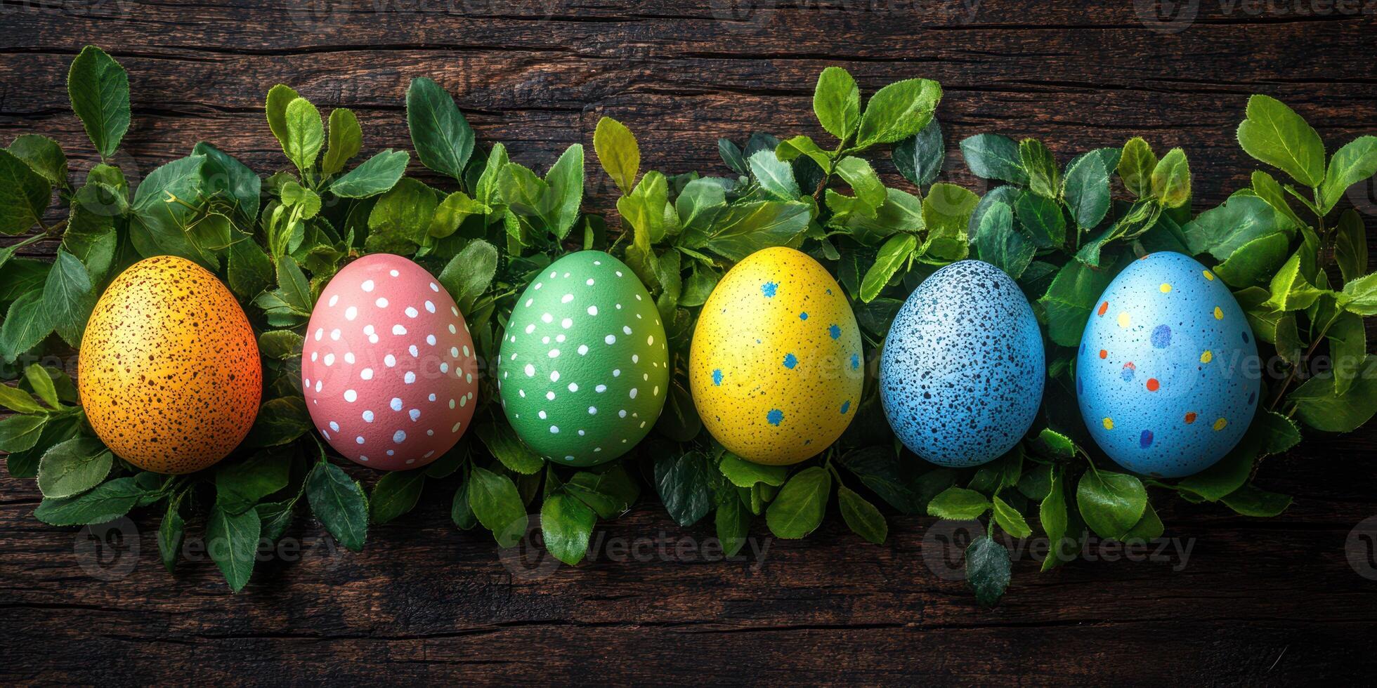 Colorful hand-painted Easter eggs arranged on fresh green leaves for a festive spring display photo