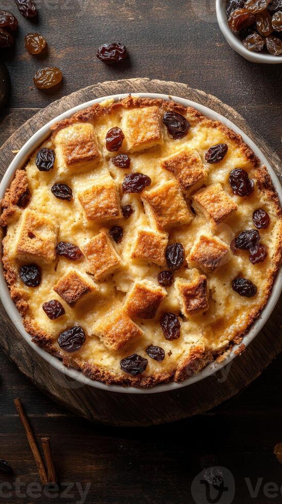 Delicious bread pudding with raisins and golden crust served on wooden surface, ideal for dessert lovers photo