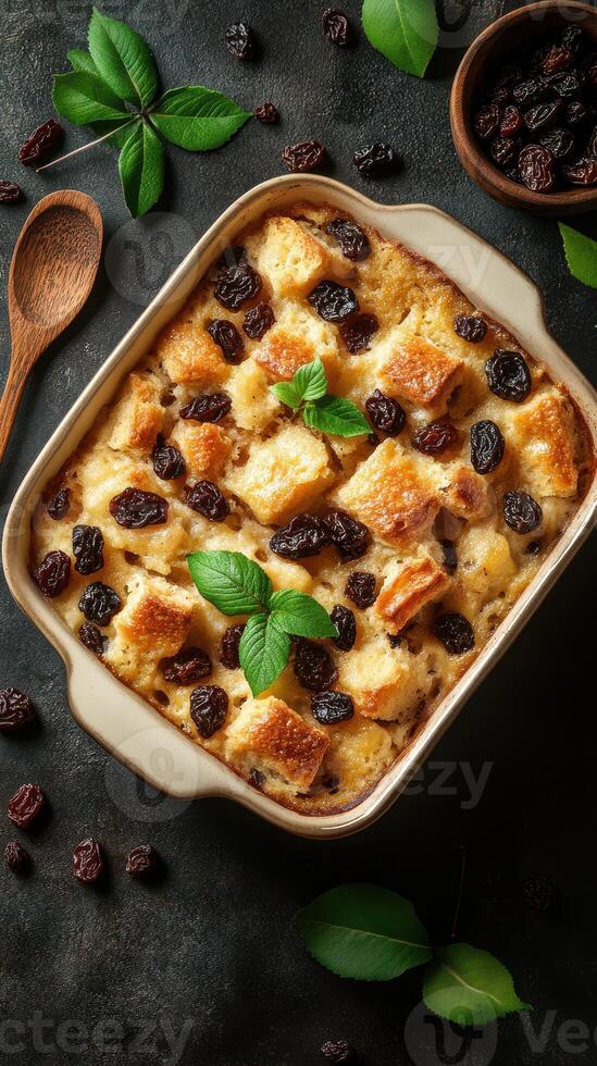 Delicious bread pudding baked with raisins and garnished with fresh mint leaves photo