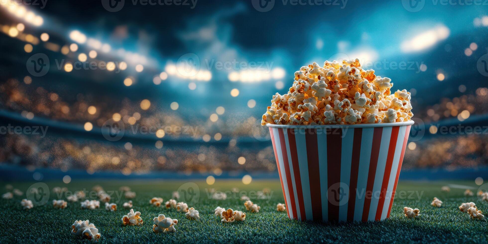 Enjoying popcorn at a vibrant stadium during a thrilling sports event on an exciting evening photo