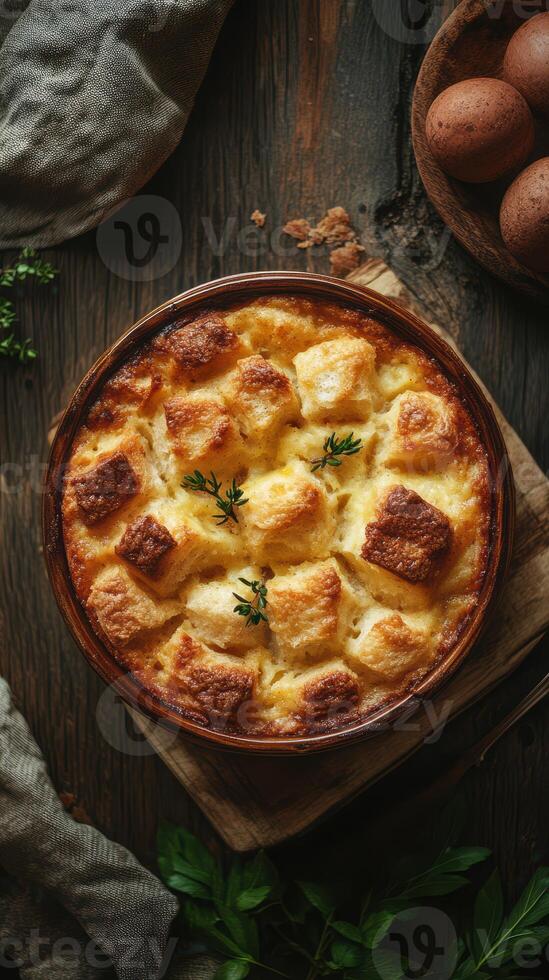 Savory bread pudding with golden crust and herbs served in rustic dish on wooden table photo