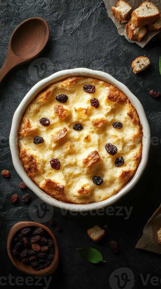Baked bread pudding with raisins served in a bowl on a dark rustic surface with wooden spoon photo
