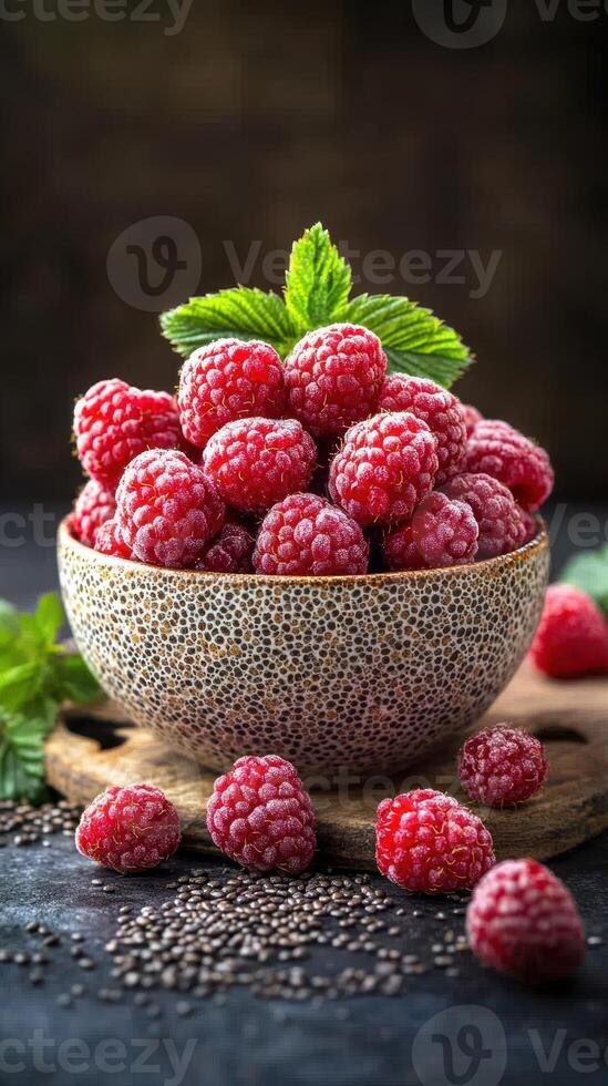 Fresh raspberries arranged in a decorative bowl, showcasing vivid colors and natural textures in a rustic setting photo