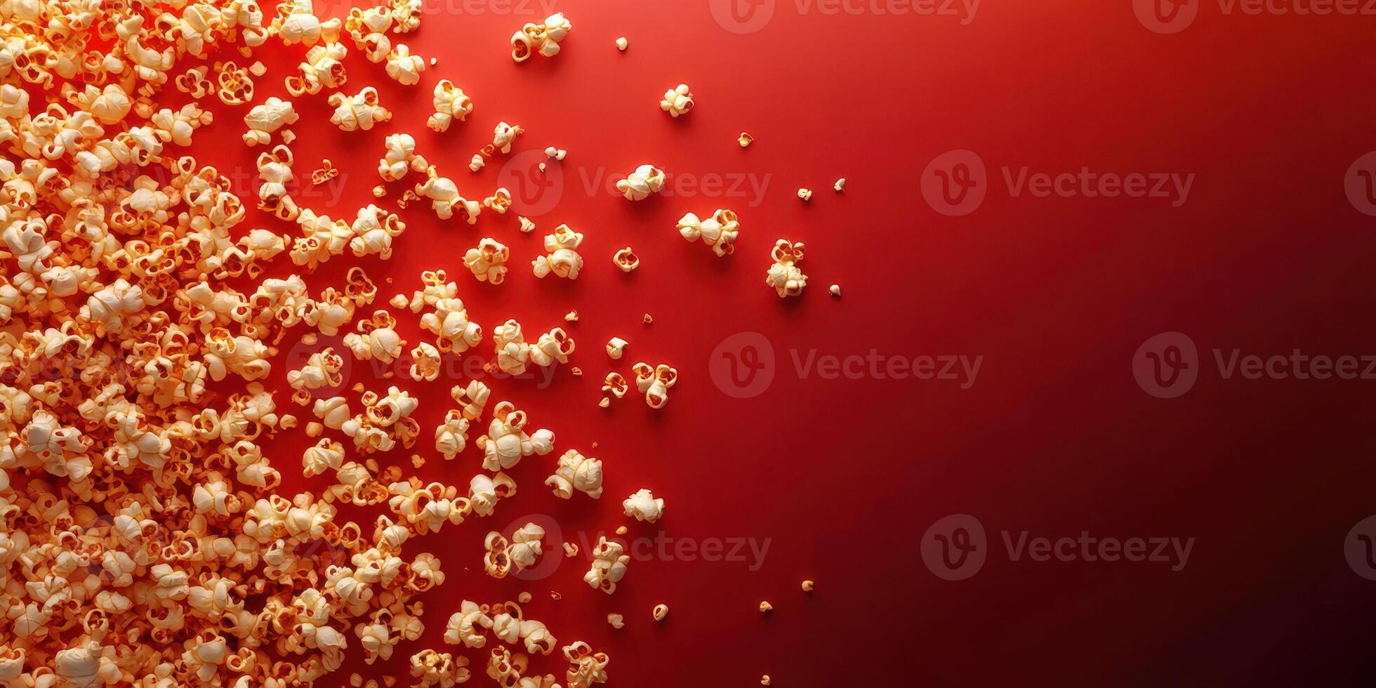 Popcorn scattered across a vibrant red surface creates an enticing snack display for movie nights and gatherings photo