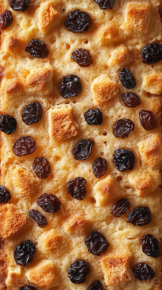 Warm bread pudding with raisins baked to a golden brown color in a dessert dish photo