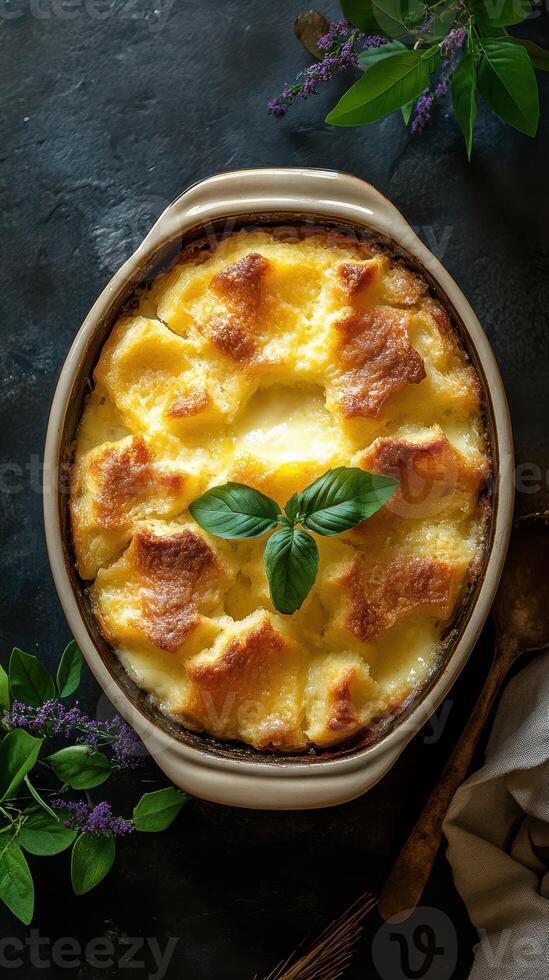 Creamy baked dish with golden crust garnished with fresh basil leaves on a dark surface photo