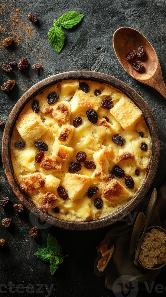 Rich bread pudding with raisins served in a wooden bowl surrounded by spices and mint leaves photo