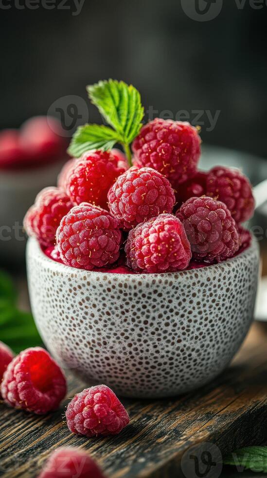 Fresh raspberries in a textured bowl on a wooden table with a dark background enhance culinary appeal photo