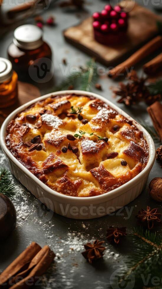 Delicious baked dessert with a golden crust and aromatic spices set on a festive table photo