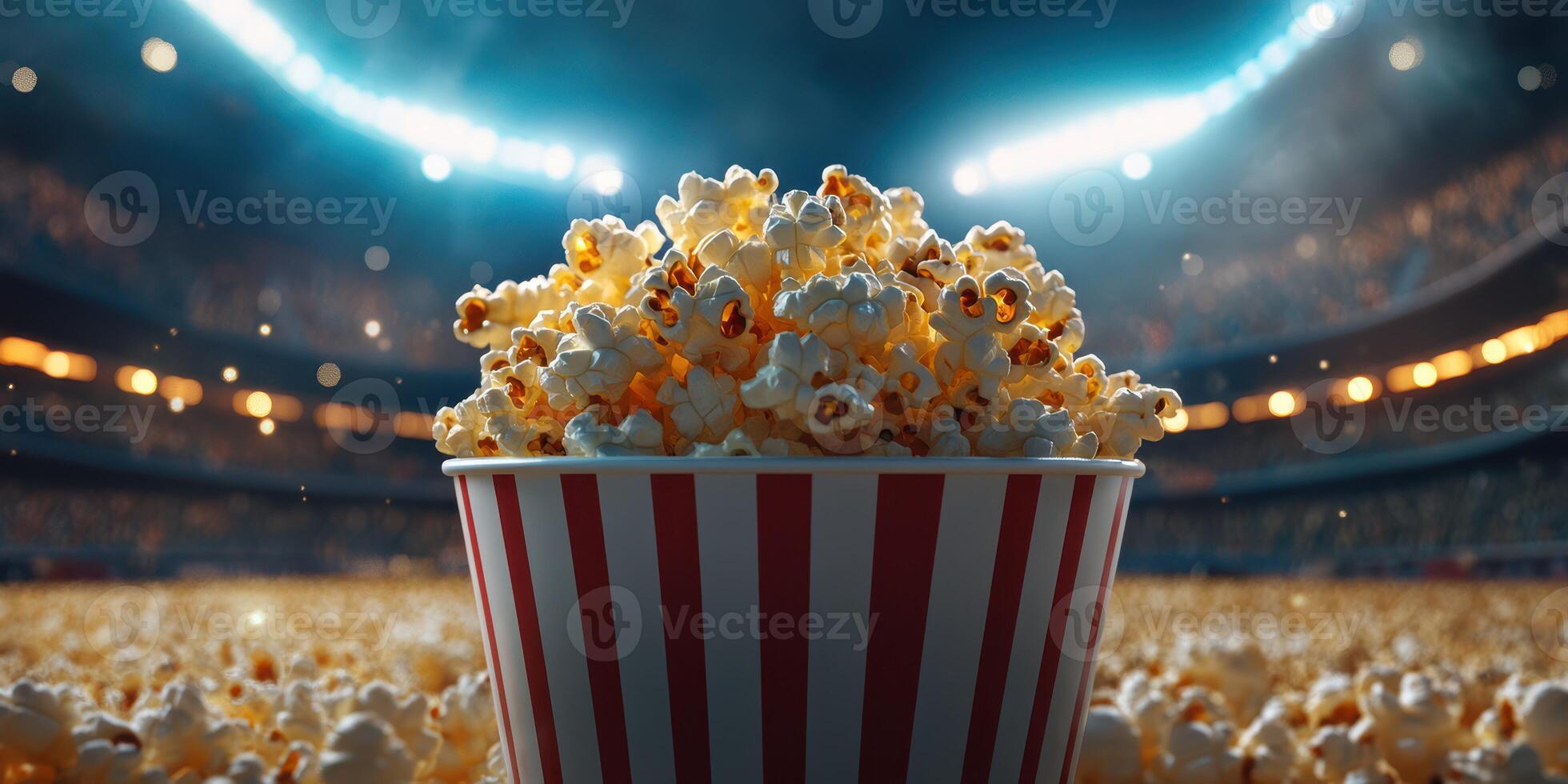 Freshly popped popcorn served at a lively sports event under bright stadium lights photo