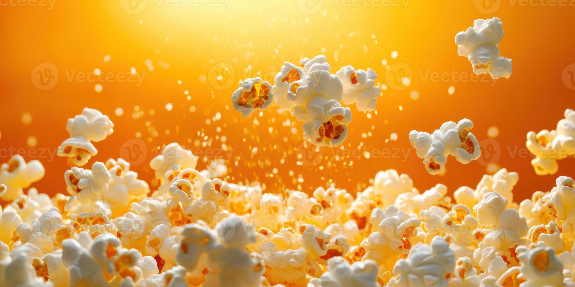 Popcorn kernels are bursting and floating in the air under bright orange lighting during a lively movie night experience photo