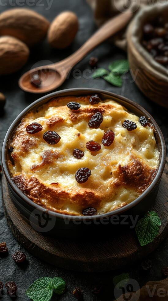 Warm dessert with creamy texture and golden crust topped with raisins and garnished with mint leaves photo