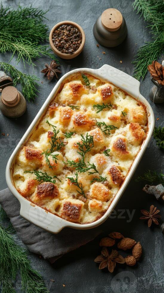Savory bread pudding dish baked with crispy topping and fresh herbs on a rustic table setting photo