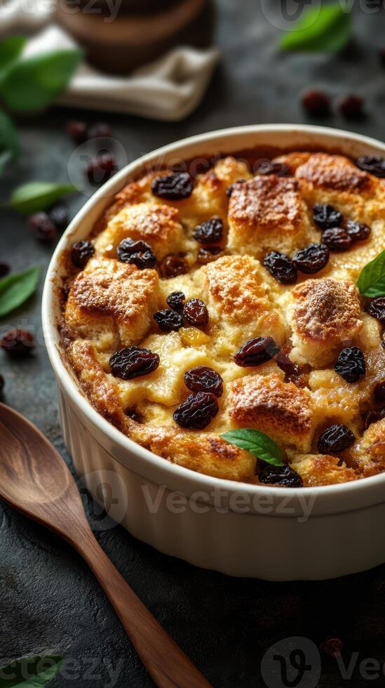 Delicious bread pudding with raisins and mint served in a white dish on a dark surface photo