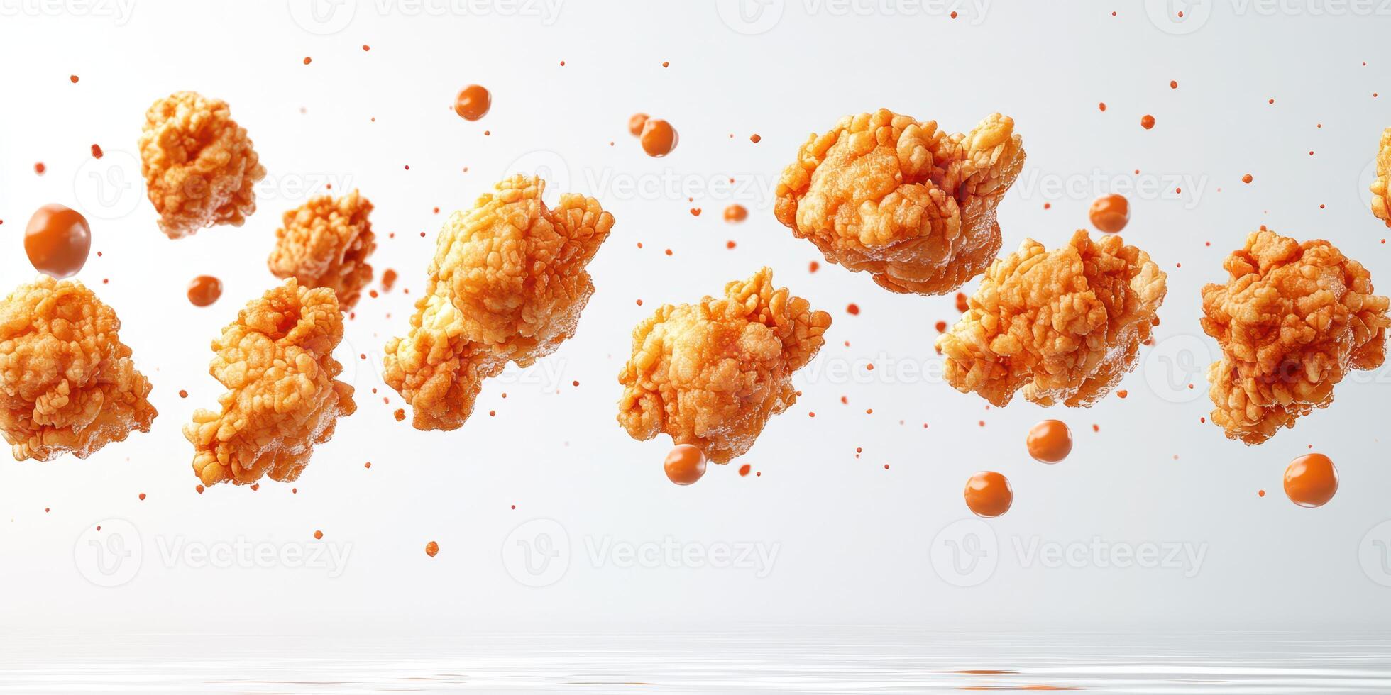 Crispy chicken bites falling through the air with sauce splashes in a bright studio setting photo