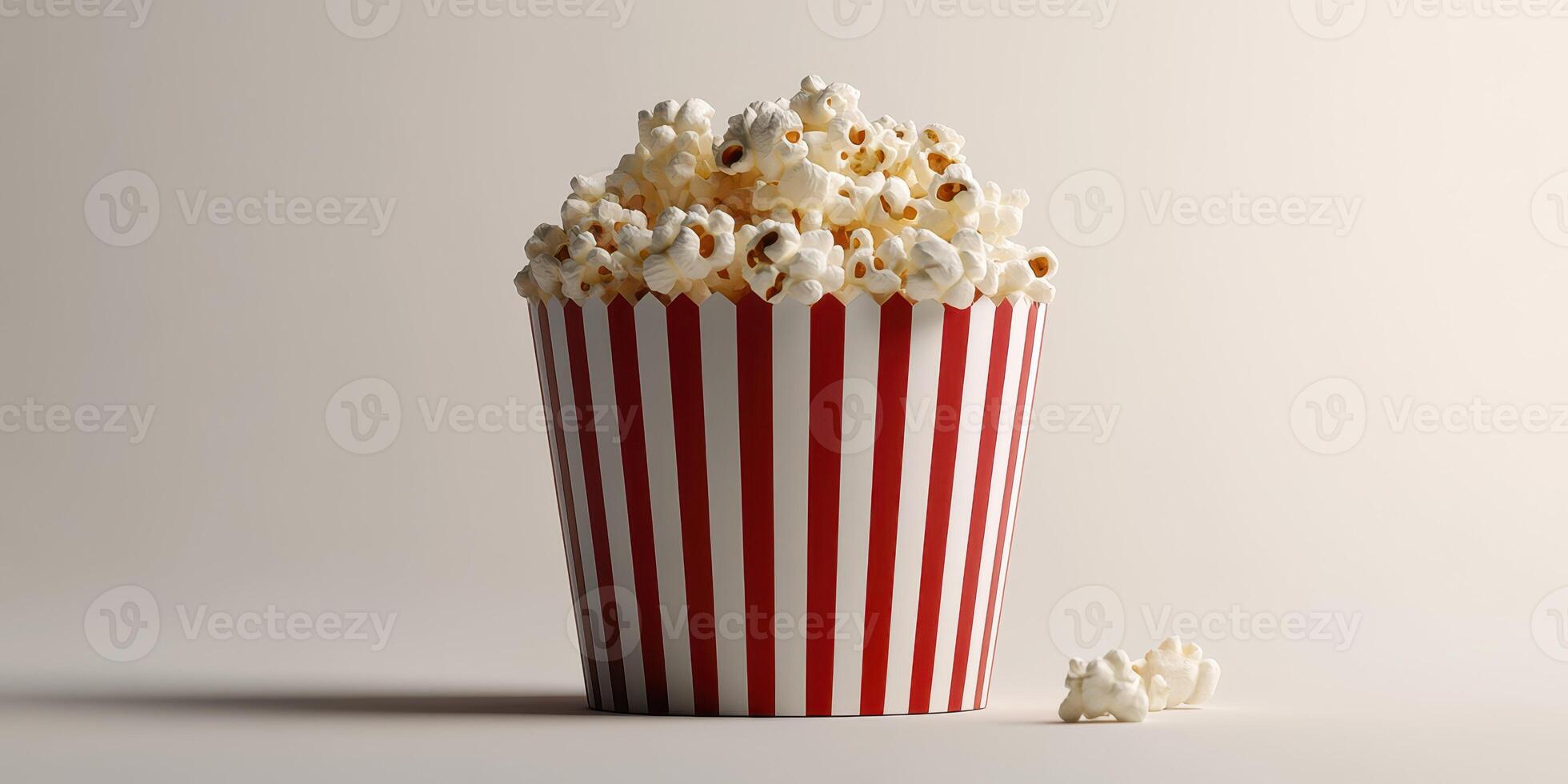 Delicious popcorn served in a classic red and white striped container ready for movie night at home photo