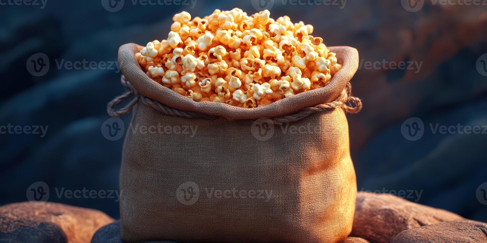 Bag filled with freshly popped popcorn sits on a rocky surface under soft lighting photo