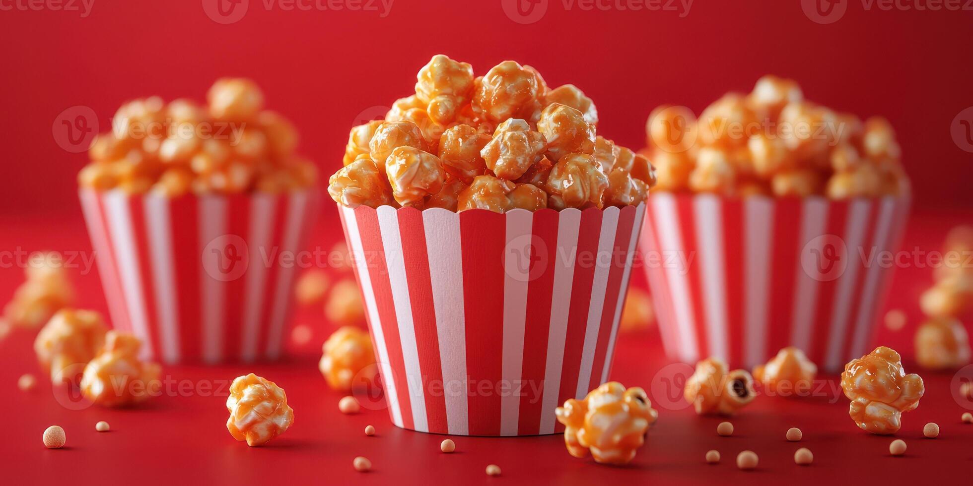 Colorful popcorn in striped containers arranged on a vibrant red background for a fun snack experience photo