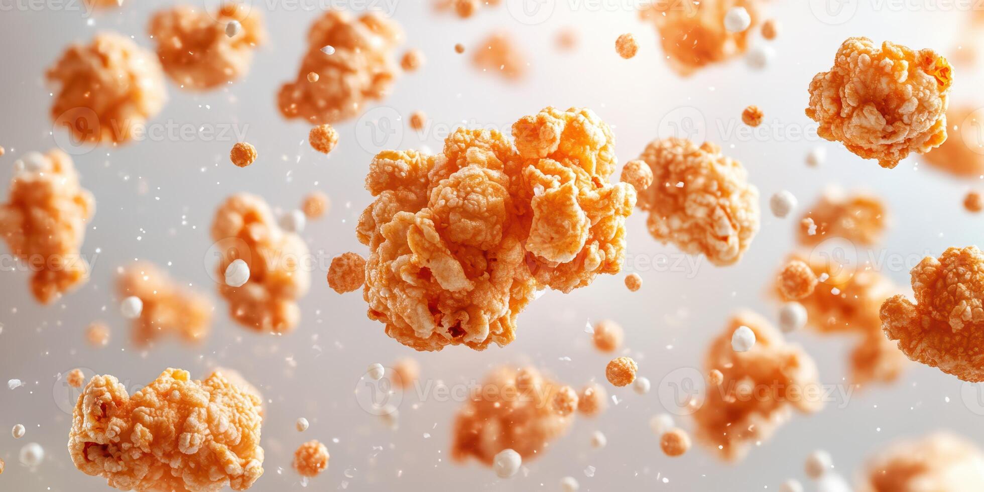 Light and airy popcorn pieces floating in mid-air against a soft background create a delightful visual treat photo