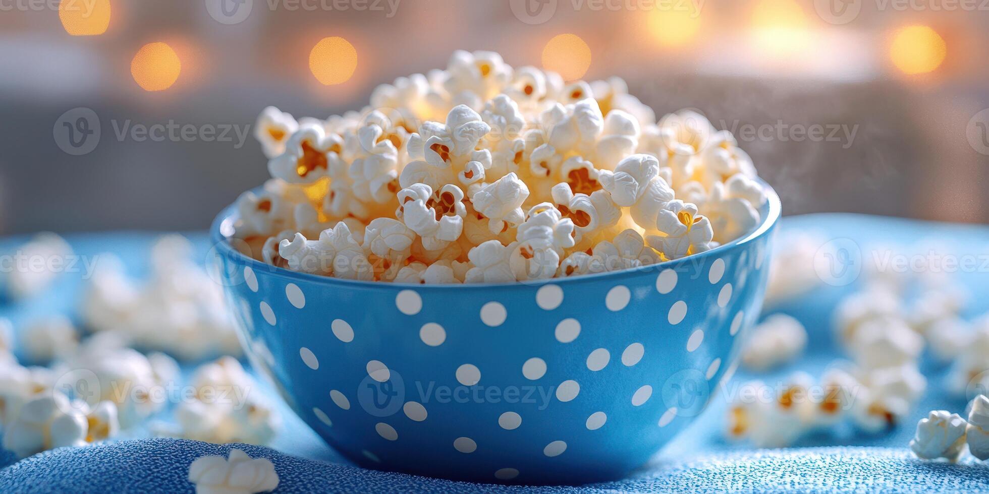 Perfectly popped popcorn in a bright blue bowl set against a cozy backdrop with soft lighting in the evening photo
