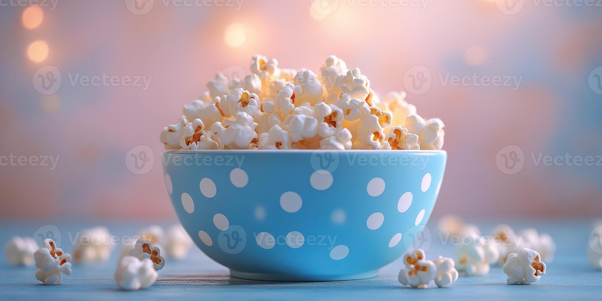 Colorful blue bowl filled with freshly popped popcorn on a wooden surface surrounded by scattered kernels photo