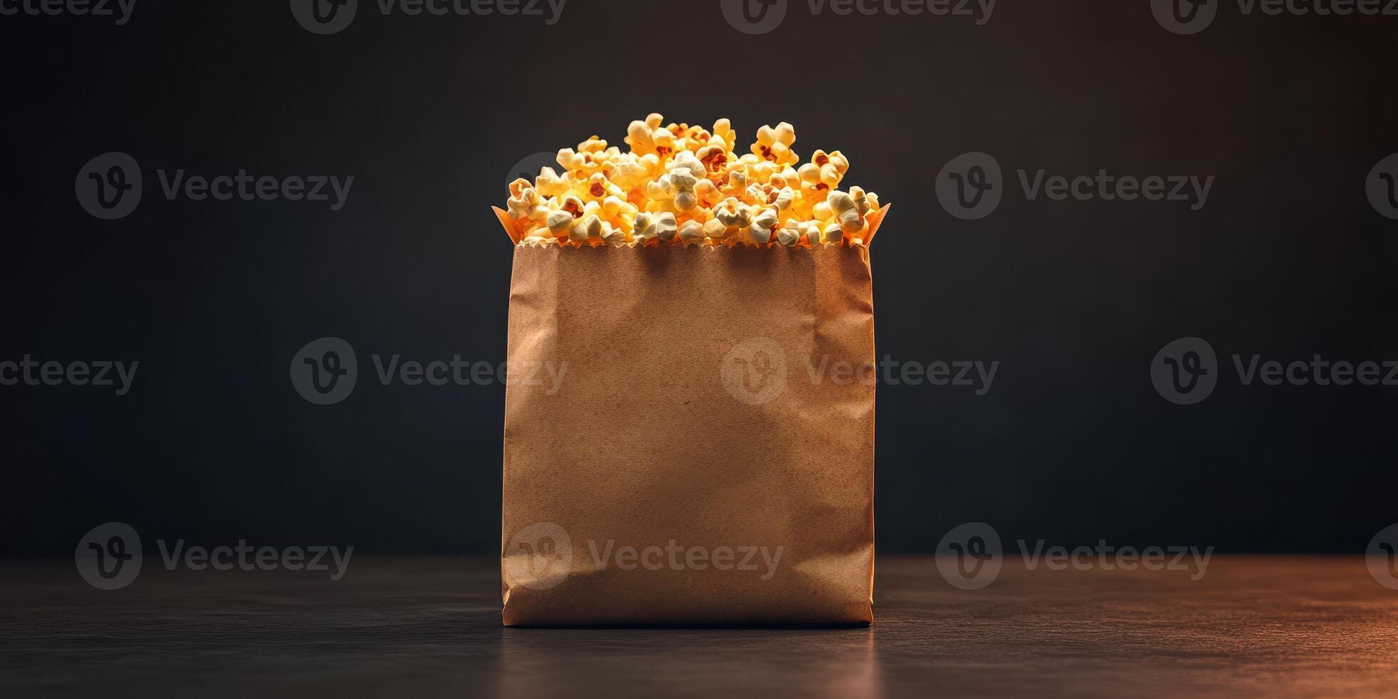Freshly popped popcorn in a brown paper bag on a dark surface ready for movie night photo