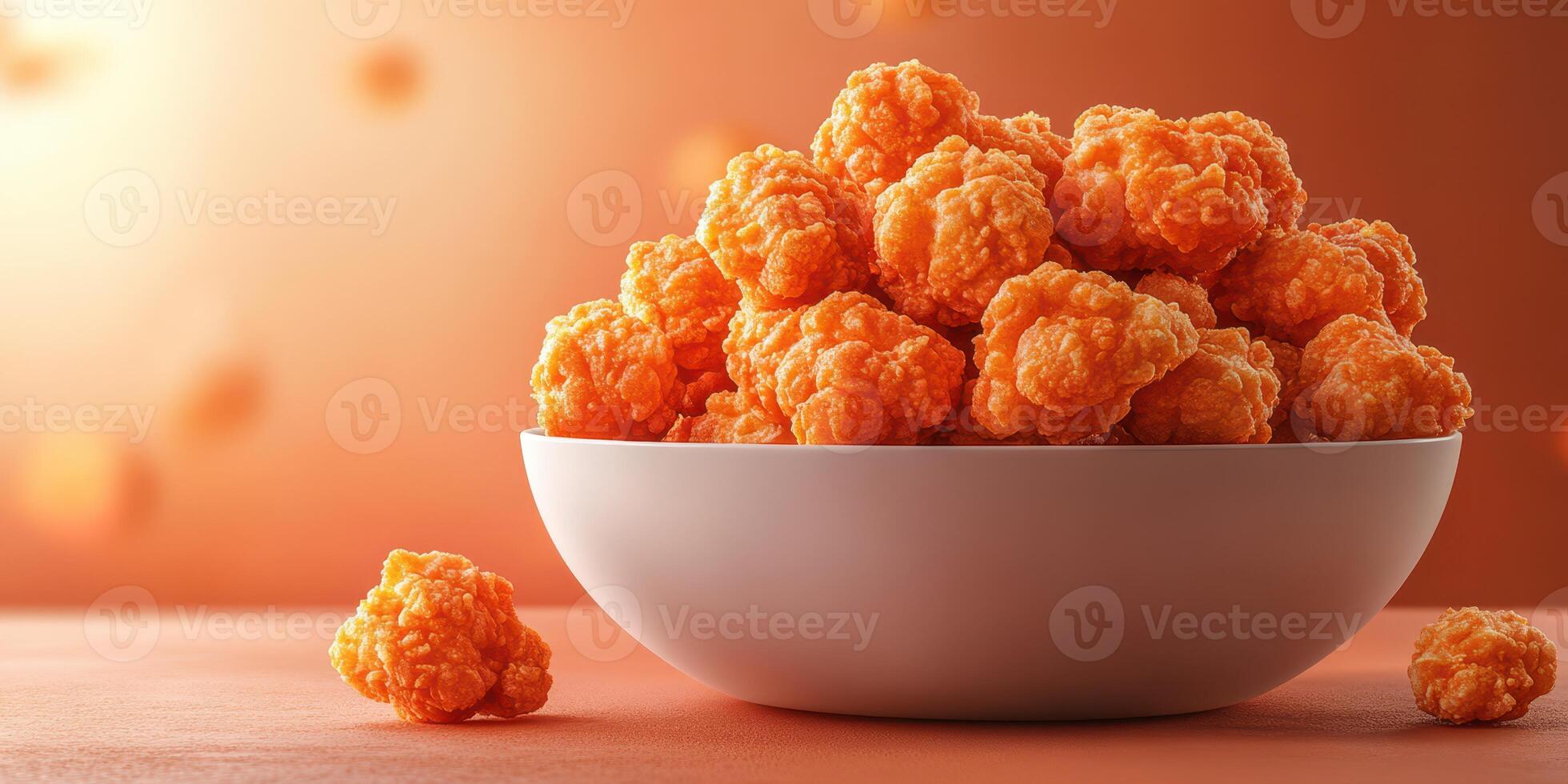 Delicious orange cheese puffs piled high in a bowl against a warm, gradient background photo