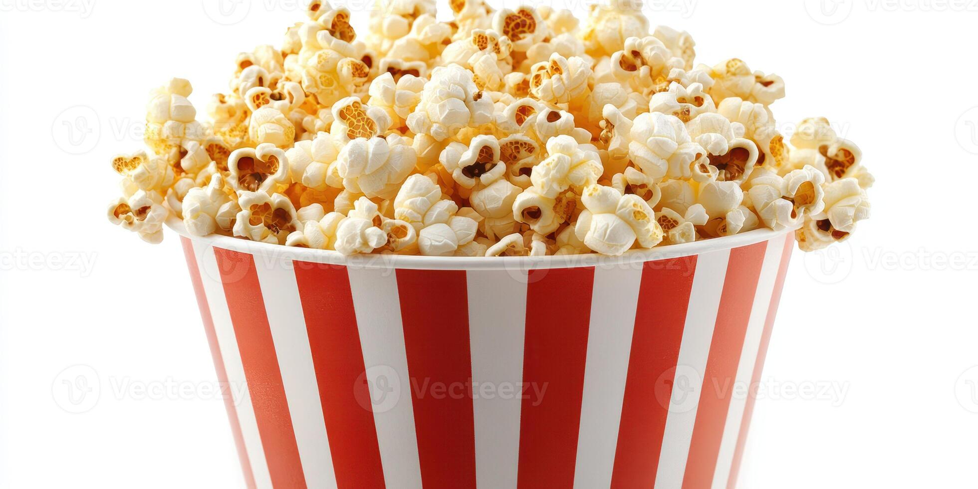 Freshly popped popcorn in a classic red and white striped bucket ready for movie night photo