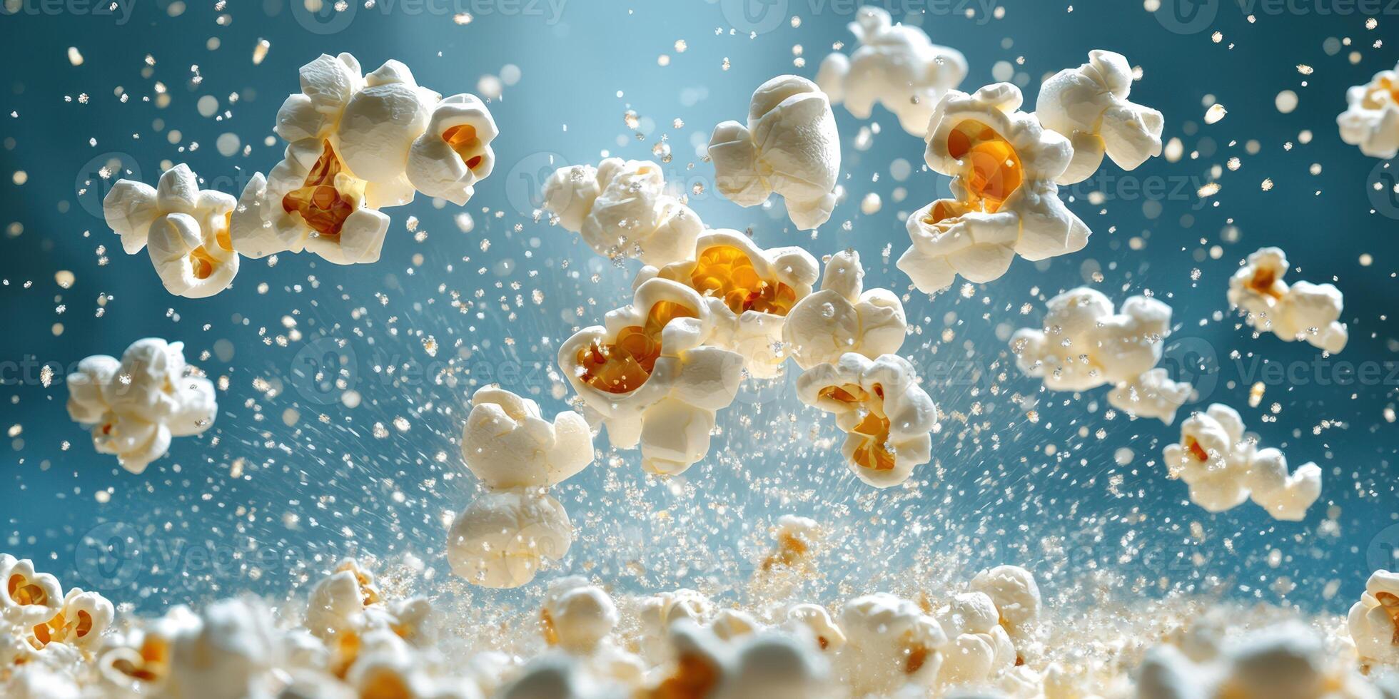 Delicious popcorn kernels popping in mid-air creating a fun and dynamic snack experience photo