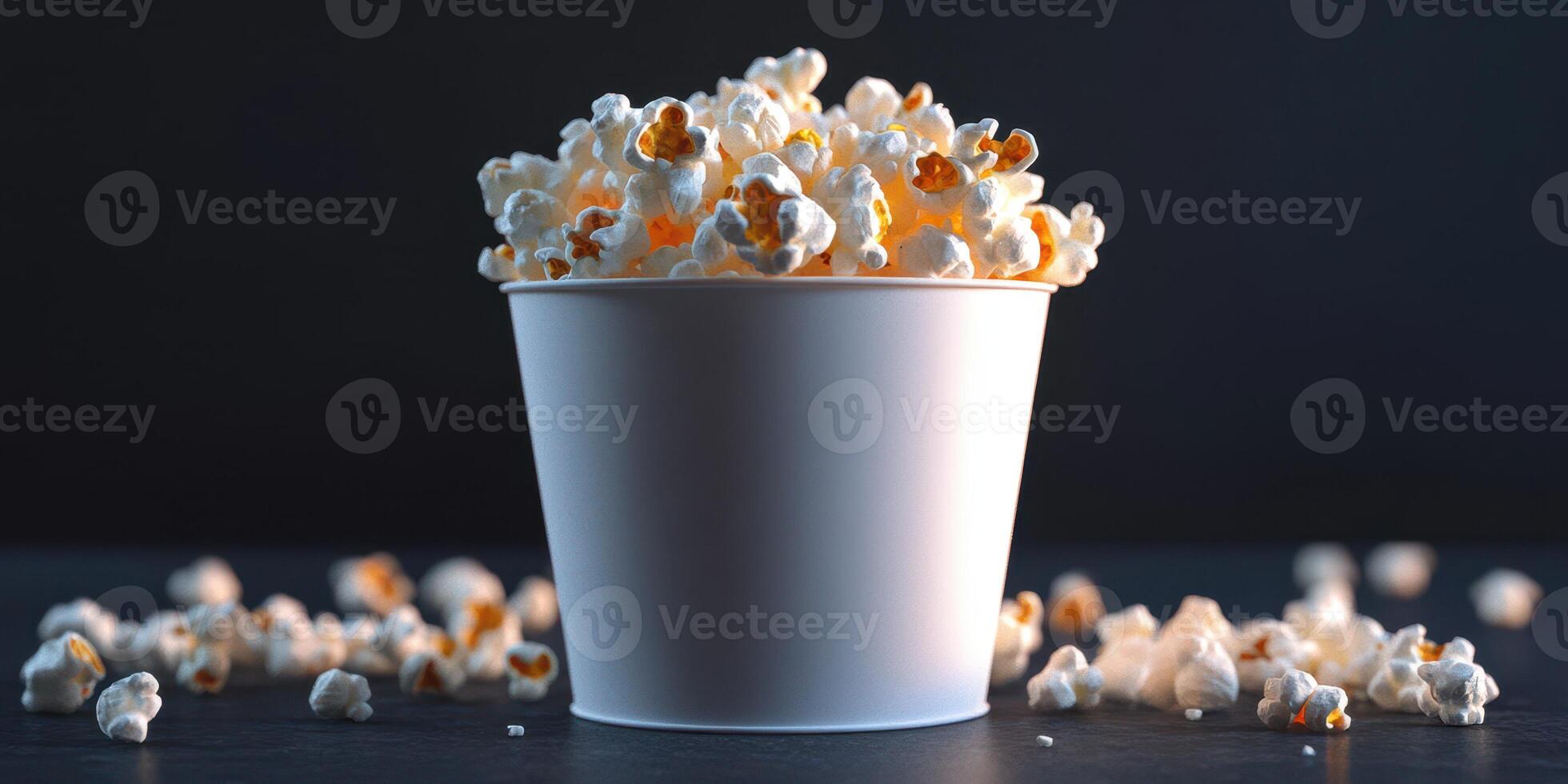 Freshly popped popcorn served in a white container with scattered pieces on a dark surface photo
