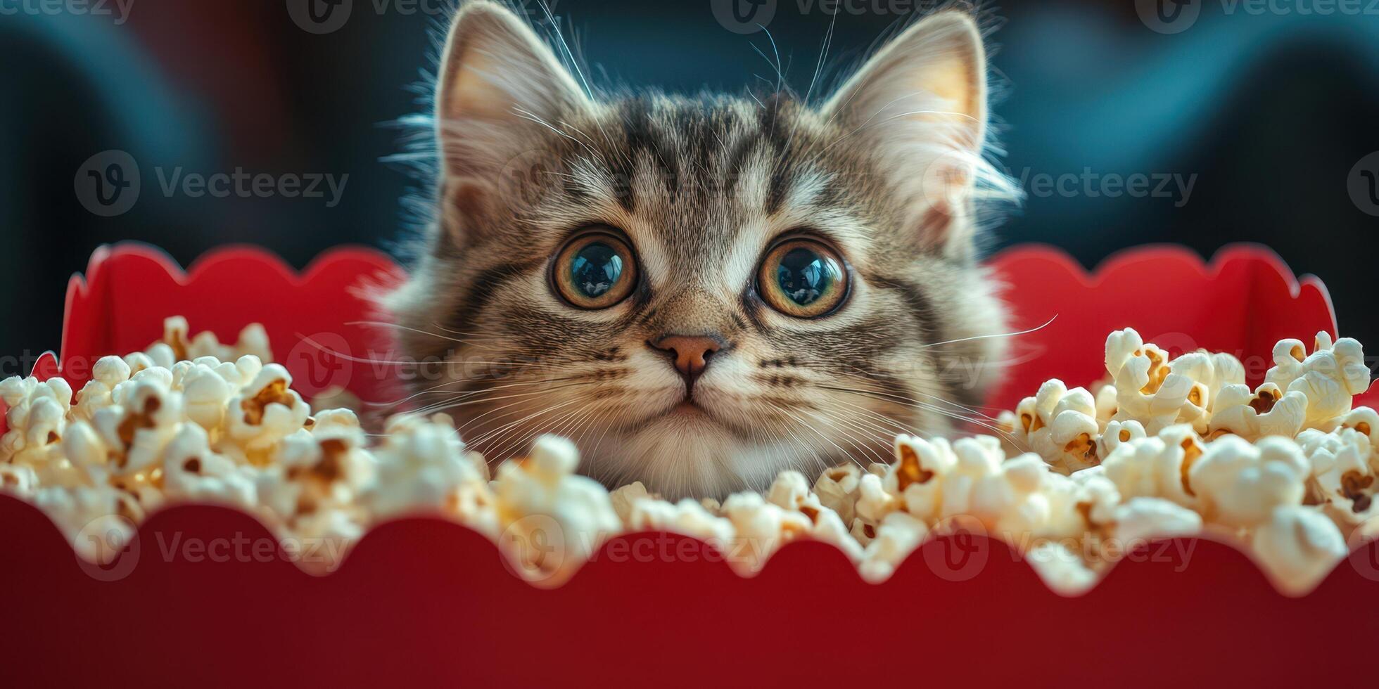 Cat peeking out of popcorn box in cozy indoor setting, showcasing playful expression and curious eyes photo