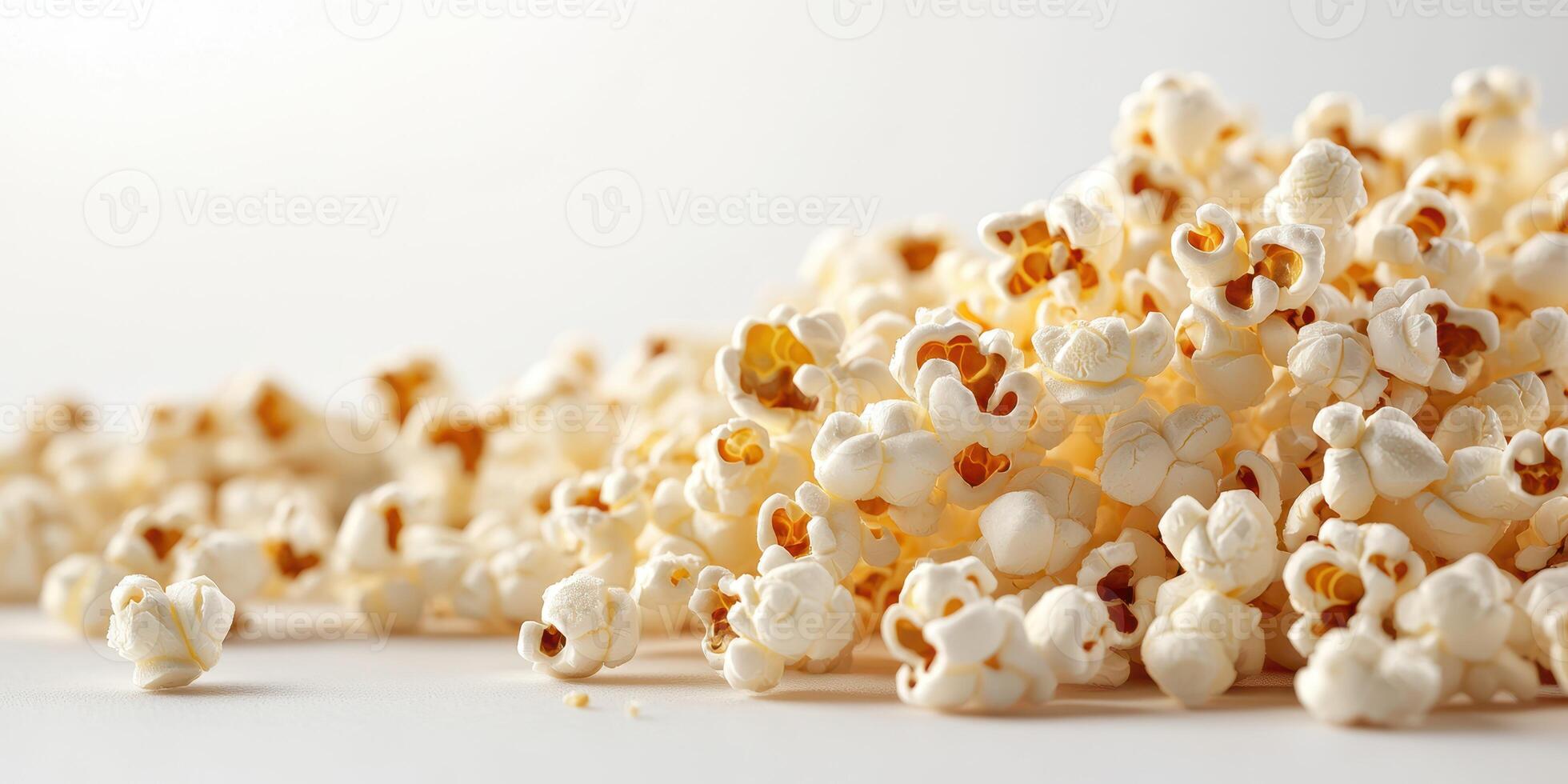 Popped corn kernels scattered on a white surface, highlighting their fluffy texture and buttery appearance photo