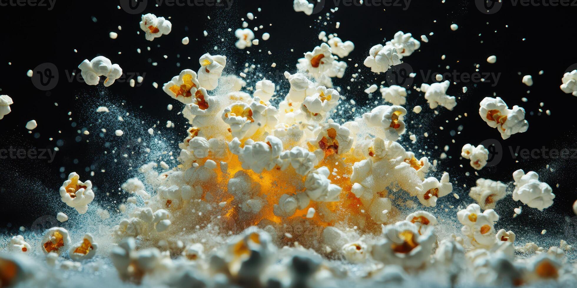 Popcorn bursts dramatically in a powerful explosion against a dark background during a creative photography session photo