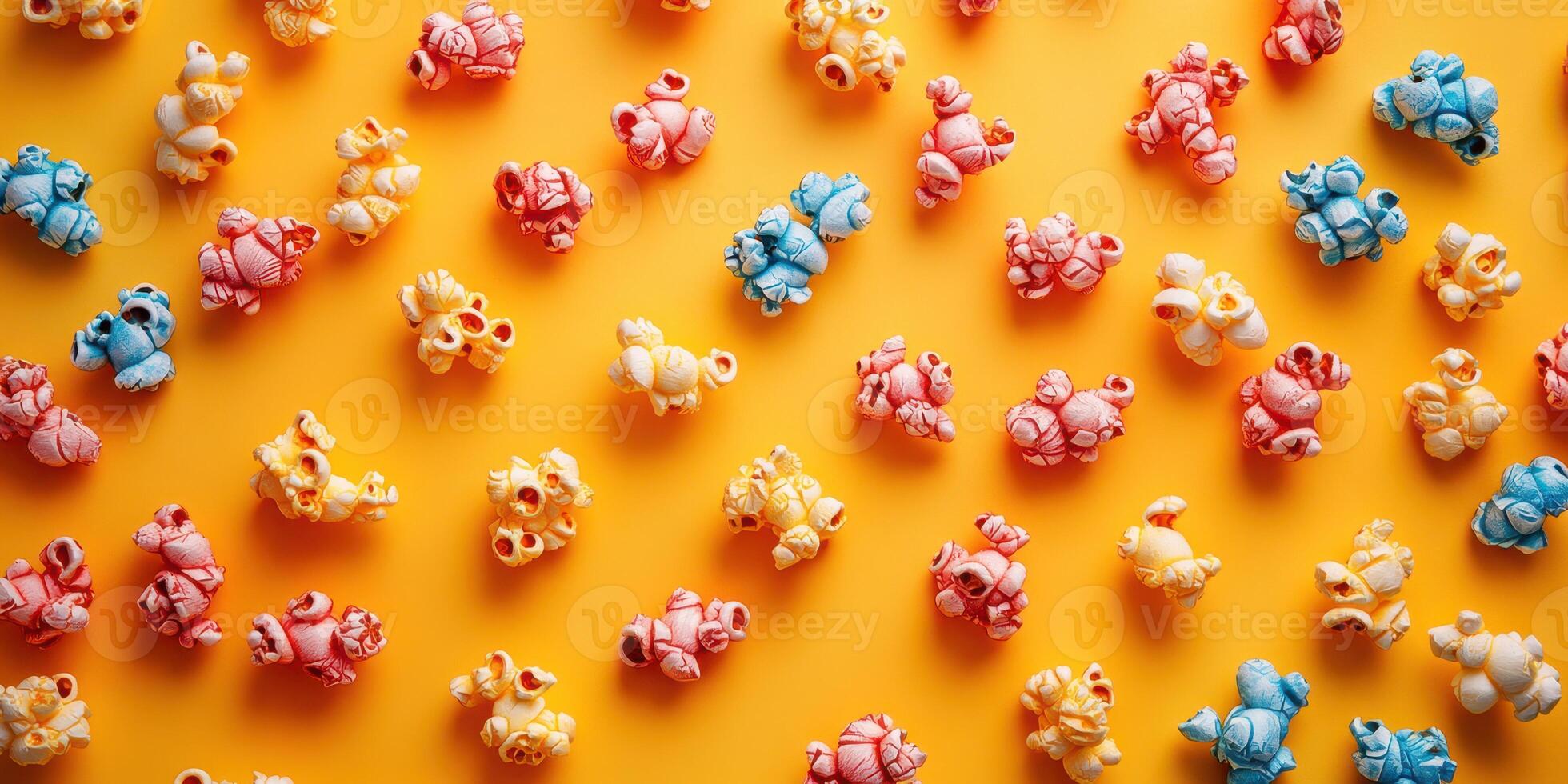 Colorful popcorn arranged on a bright yellow surface creates a cheerful display for a festive event or snack time photo