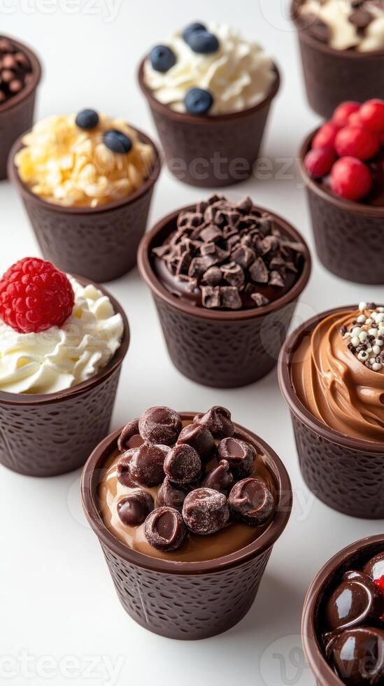 Dozens of chocolate desserts arranged in small cups showcasing a variety of toppings and textures photo