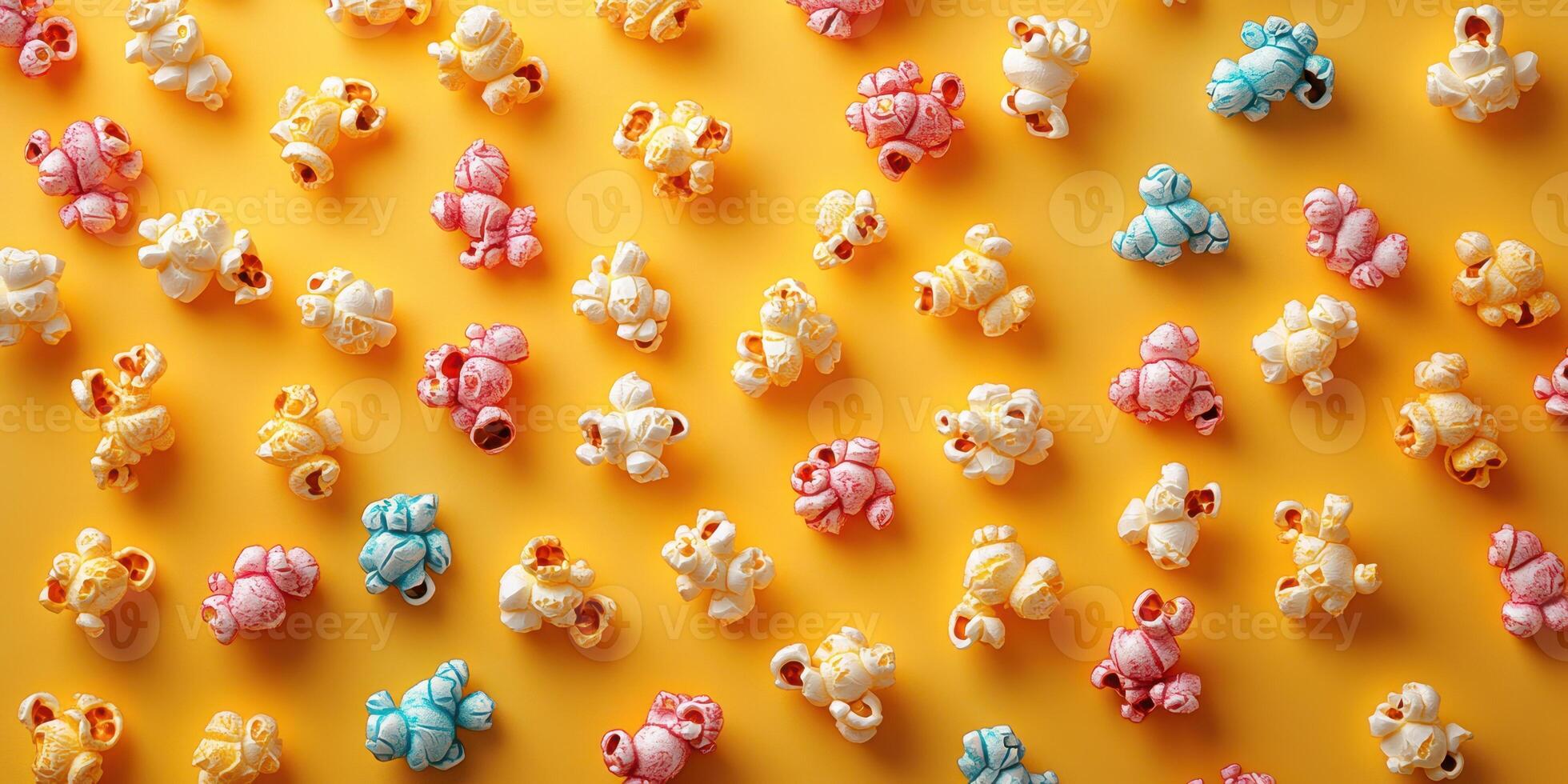 Colorful popcorn scattered on a bright yellow surface, perfect for festive occasions and gatherings photo