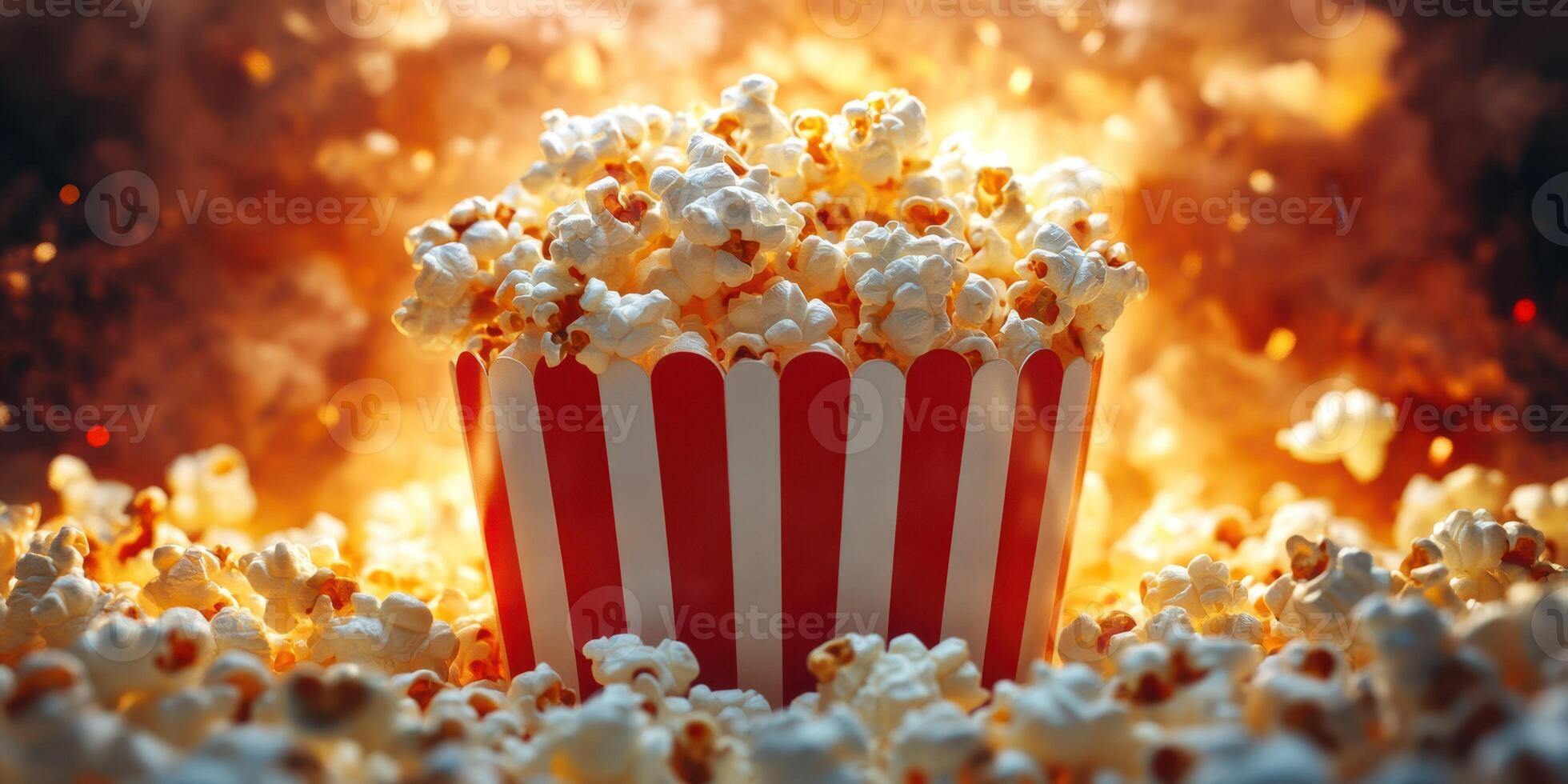 Popcorn bursting with flavor surrounded by a fiery glow at a movie night event in a cozy living room setting photo