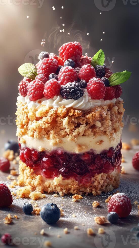Delicious layered dessert topped with fresh berries and mint on a rustic surface in natural light photo