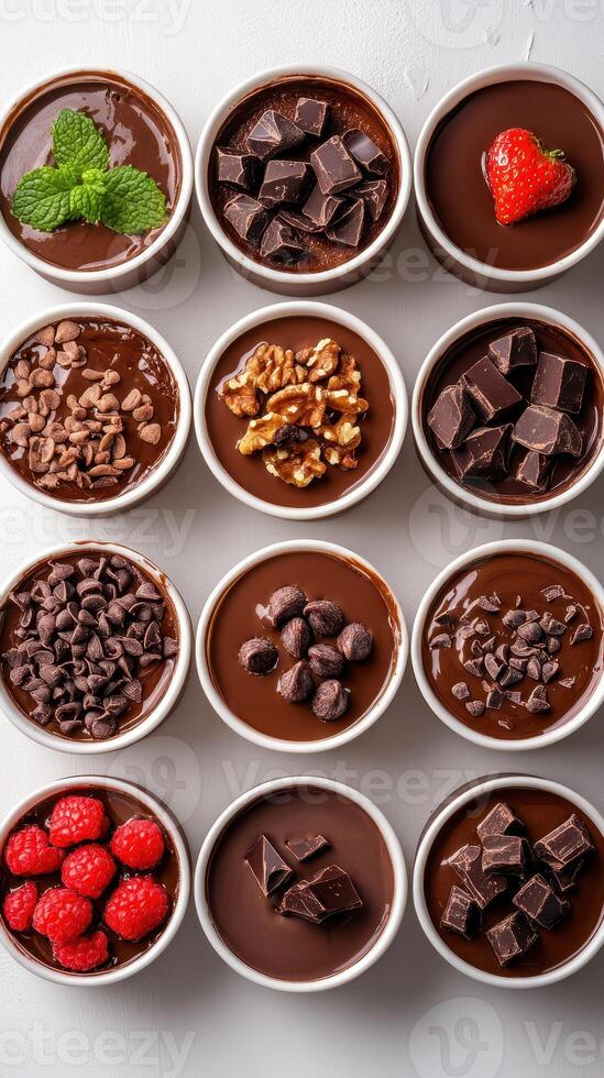 Chocolate dessert cups arranged on a white surface with various toppings ready for a sweet tasting at a culinary event photo