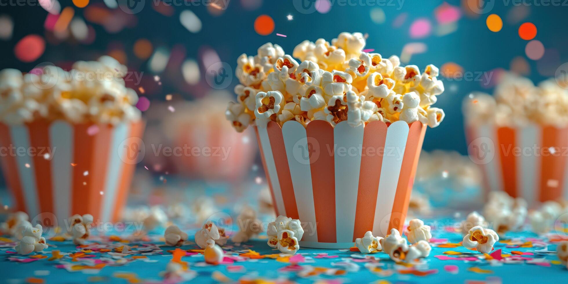 Colorful popcorn buckets filled with fluffy popcorn surrounded by confetti on a bright blue background during a festive celebration photo