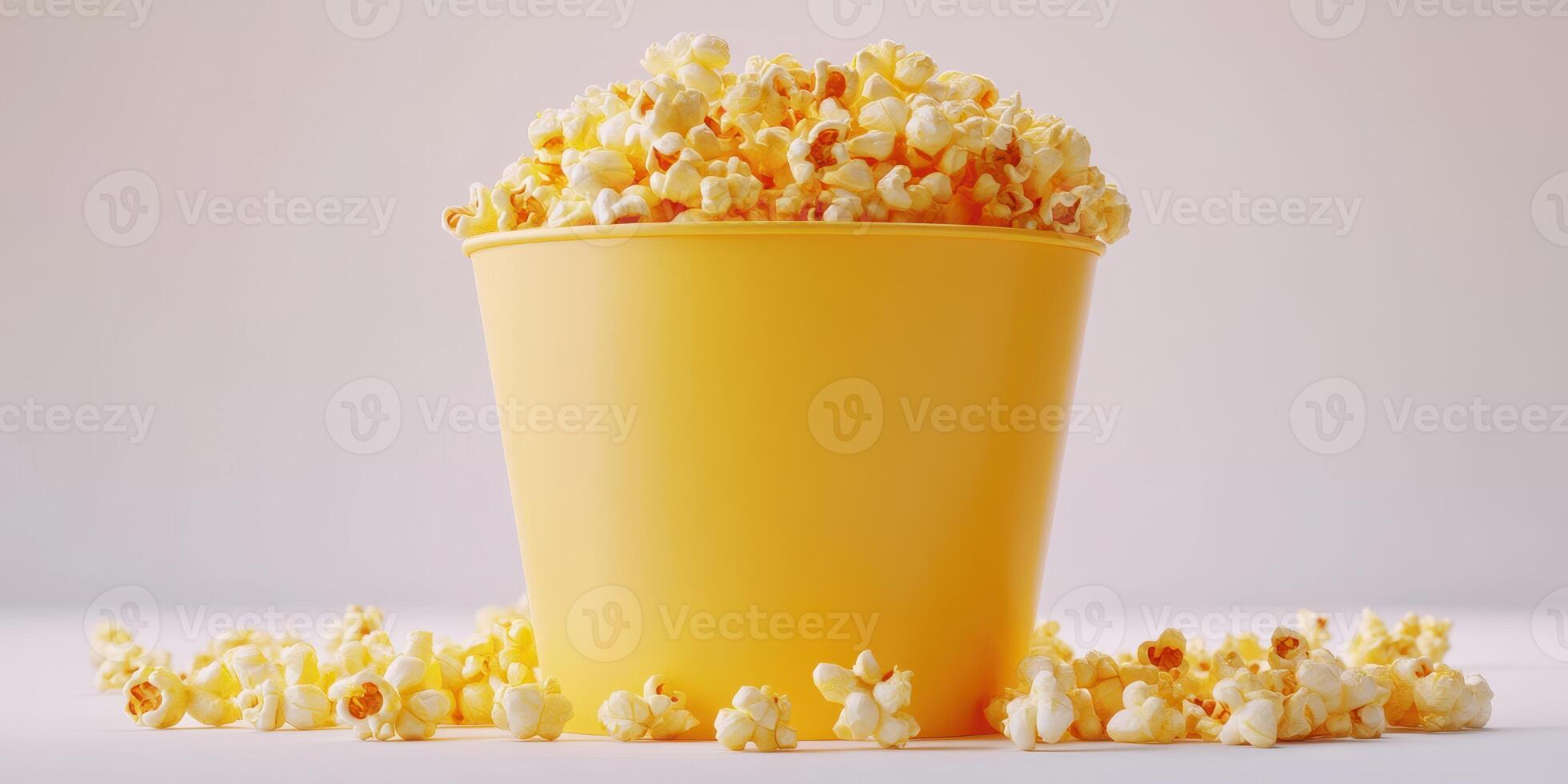 Popcorn bursting from a yellow bucket sits on a white surface ready for a cinematic experience at home or at the theater photo