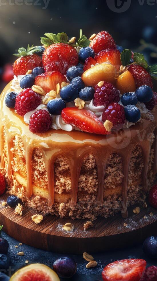 Beautifully decorated cake topped with fresh berries and caramel glaze captured in a cozy kitchen setting photo