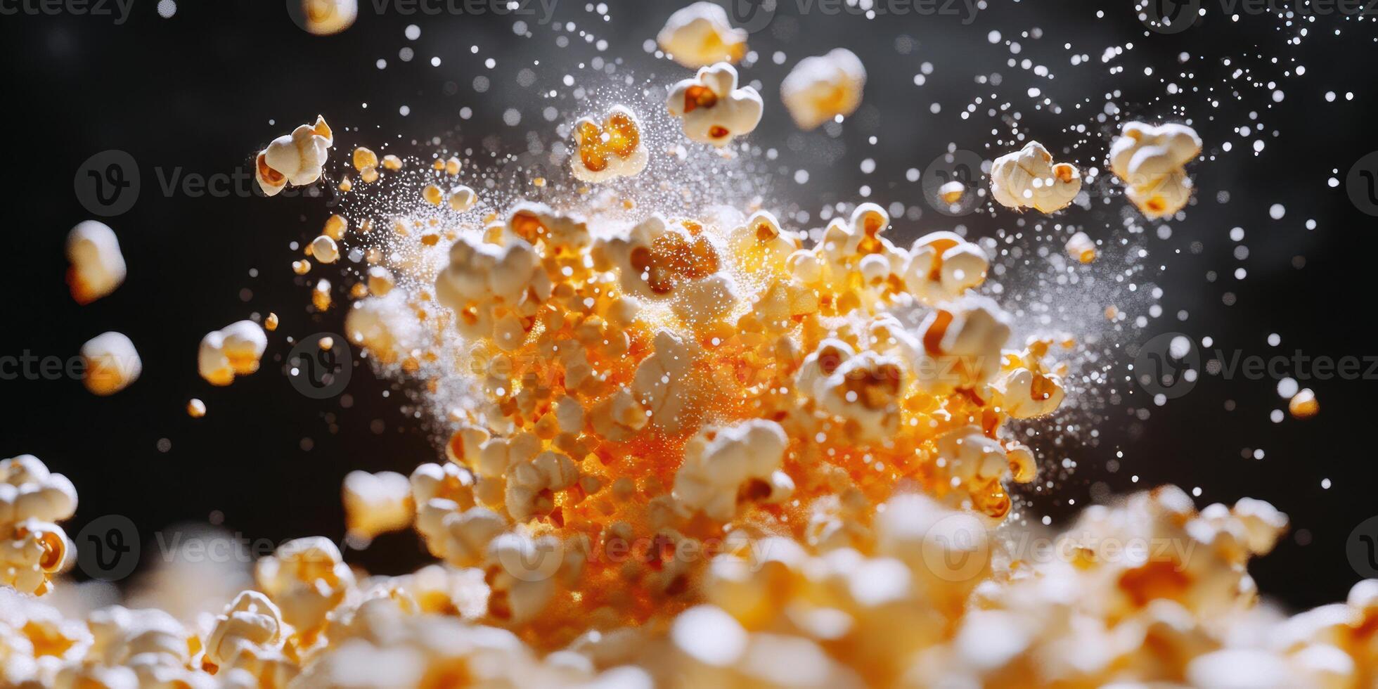 Popcorn kernels explode in a cloud of flavor during a cinematic movie night experience at home photo