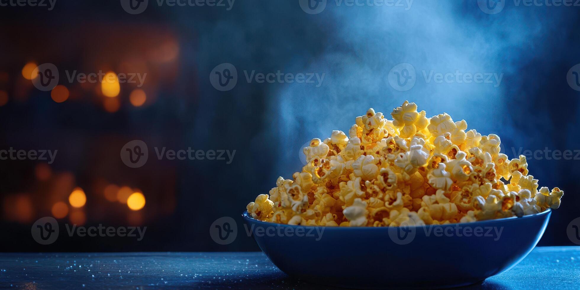 Freshly popped popcorn sits in a blue bowl against a blurred warm background with soft glowing lights photo