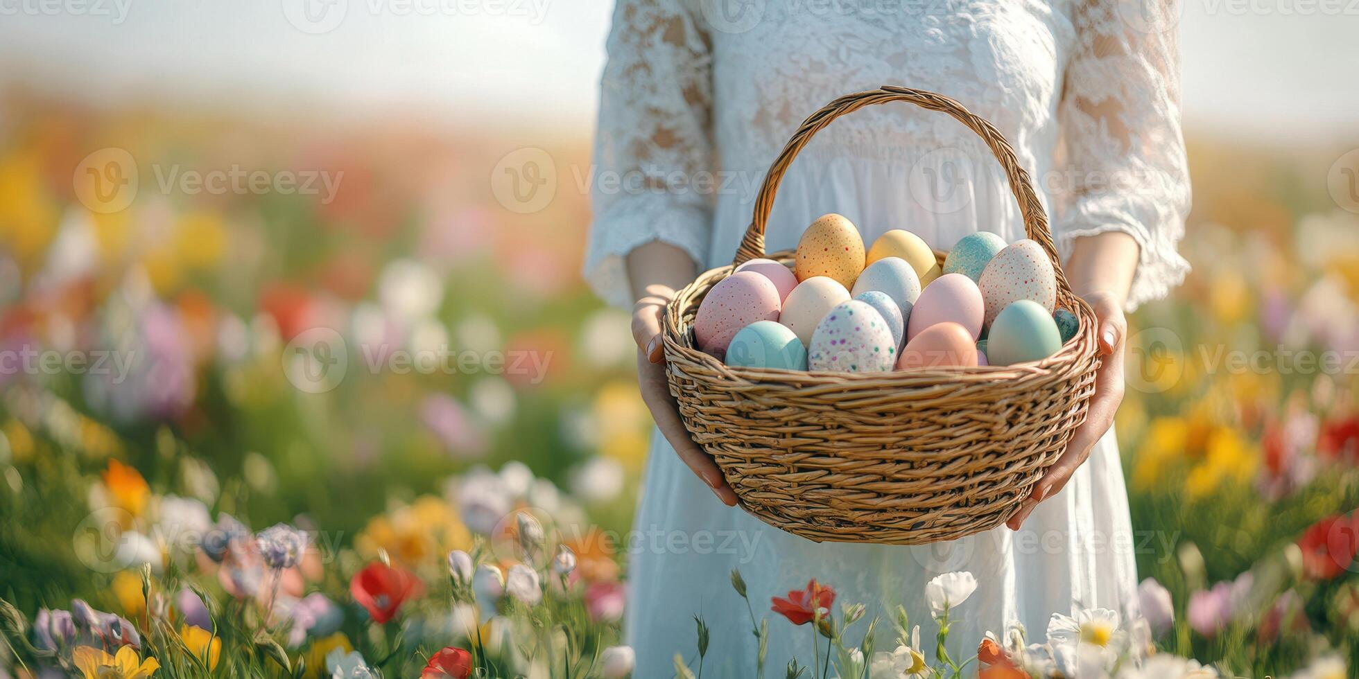 Colorful easter eggs in a woven basket held by a woman in a flower field during spring photo