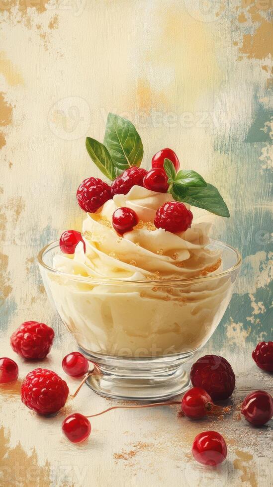 Delicious dessert featuring creamy custard topped with fresh raspberries and cherries in a glass bowl photo