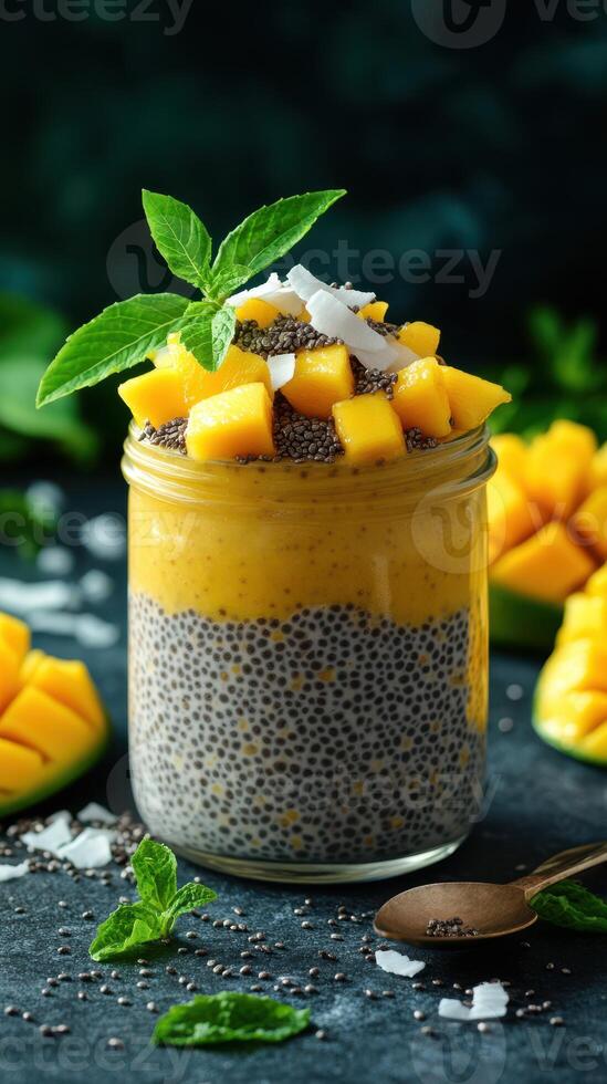 Delicious mango chia pudding topped with fresh mango and mint leaves in a jar on a dark background photo