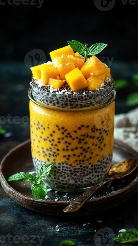 Delicious mango chia pudding served in a jar topped with fresh mango cubes and mint leaves at a cozy kitchen setting photo