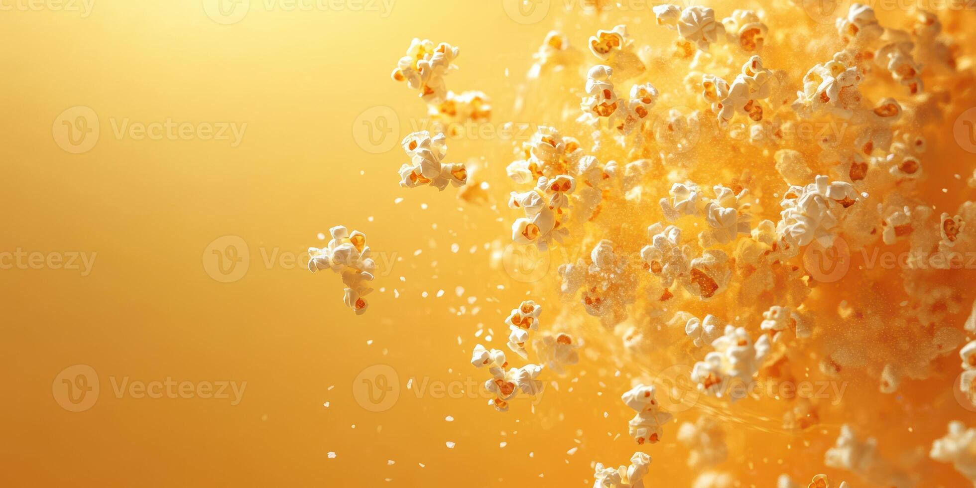 Popcorn kernels bursting open in a vibrant yellow background capturing the essence of snacks and movie nights photo